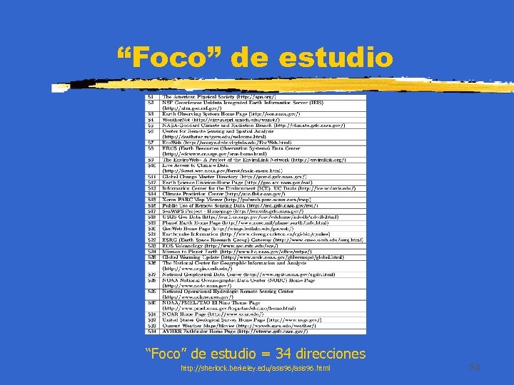 “Foco” de estudio = 34 direcciones http: //sherlock. berkeley. edu/asis 96. html 54 