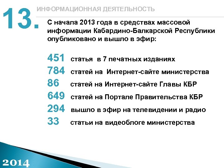 13. ИНФОРМАЦИОННАЯ ДЕЯТЕЛЬНОСТЬ С начала 2013 года в средствах массовой информации Кабардино-Балкарской Республики опубликовано