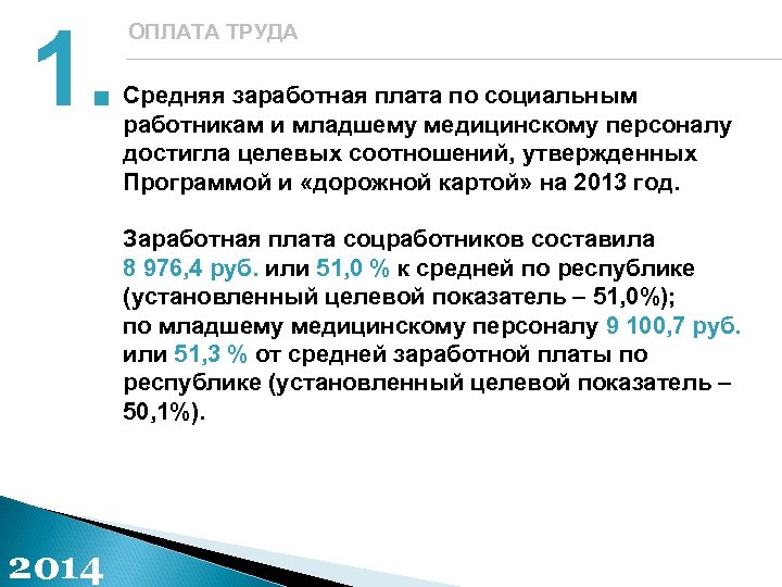 1. ОПЛАТА ТРУДА Средняя заработная плата по социальным работникам и младшему медицинскому персоналу достигла