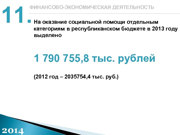11. ФИНАНСОВО-ЭКОНОМИЧЕСКАЯ ДЕЯТЕЛЬНОСТЬ На оказание социальной помощи отдельным категориям в республиканском бюджете в 2013