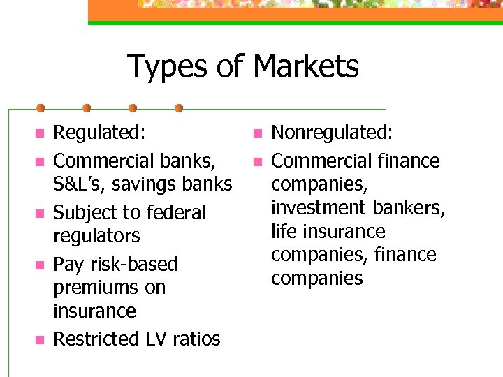 Types of Markets n n n Regulated: Commercial banks, S&L’s, savings banks Subject to