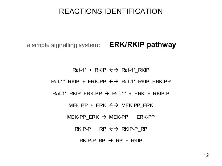 REACTIONS IDENTIFICATION a simple signalling system: ERK/RKIP pathway Raf-1* + RKIP Raf-1*_RKIP + ERK-PP