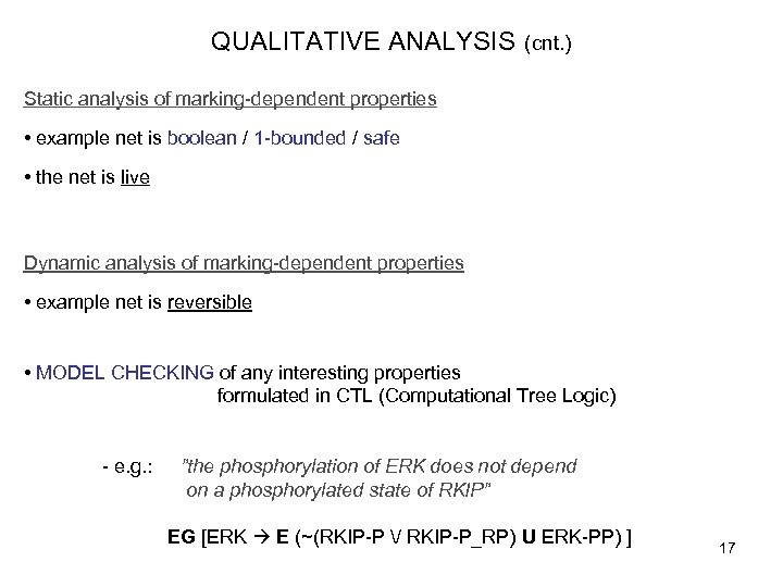 QUALITATIVE ANALYSIS (cnt. ) Static analysis of marking-dependent properties • example net is boolean