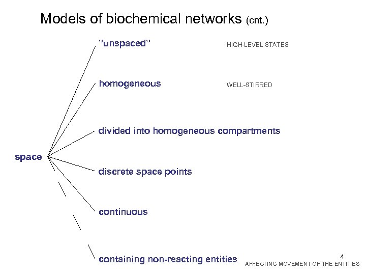 Models of biochemical networks (cnt. ) ”unspaced” HIGH-LEVEL STATES homogeneous WELL-STIRRED divided into homogeneous