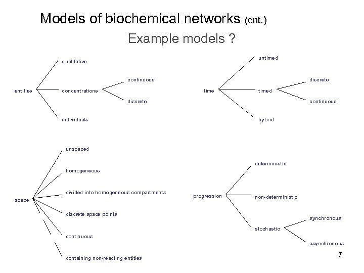 Models of biochemical networks (cnt. ) Example models ? untimed qualitative continuous entities concentrations