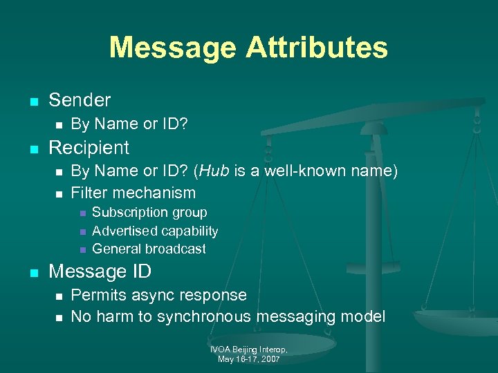 Message Attributes n Sender n n By Name or ID? Recipient n n By