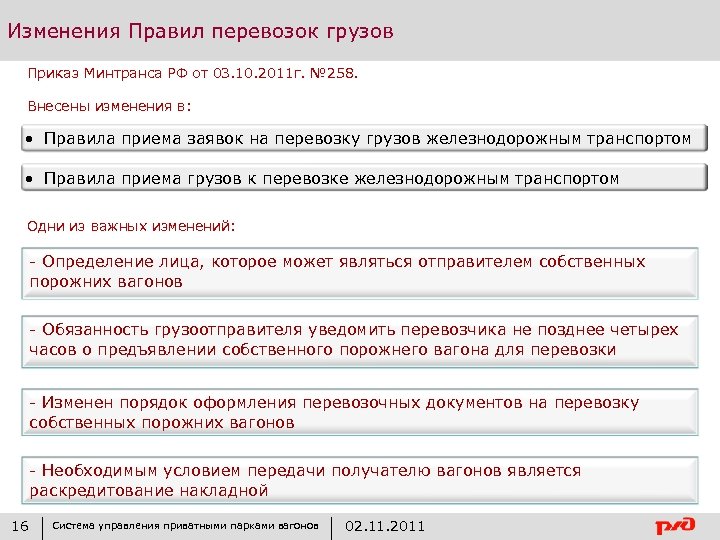 Изменения Правил перевозок грузов Приказ Минтранса РФ от 03. 10. 2011 г. № 258.