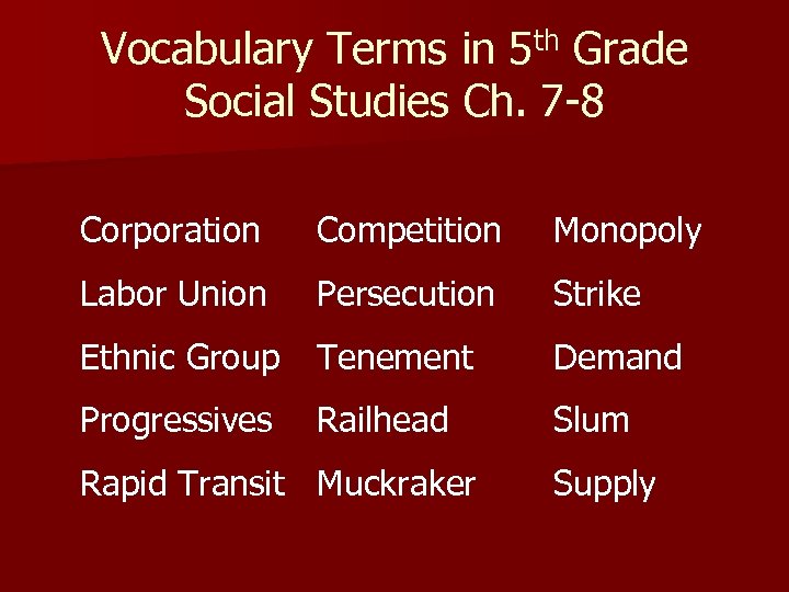 Vocabulary Terms in 5 th Grade Social Studies Ch. 7 -8 Corporation Competition Monopoly