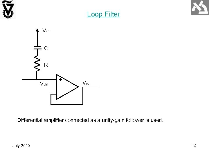 Loop Filter Vcc C R Vctrl + Vctrl - Differential amplifier connected as a