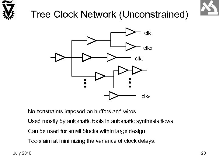 Tree Clock Network (Unconstrained) clk 1 clk 2 clk 3 clkn No constraints imposed