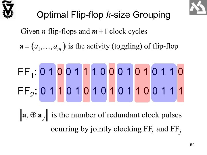 Optimal Flip-flop k-size Grouping FF 1: 0 1 0 0 1 1 1 0