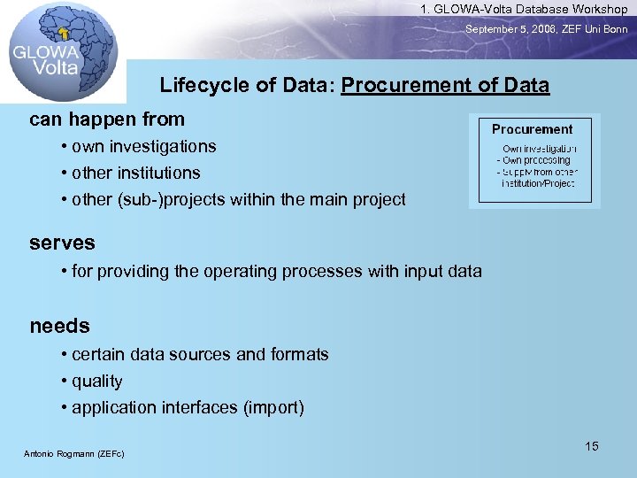 1. GLOWA-Volta Database Workshop September 5, 2006, ZEF Uni Bonn Lifecycle of Data: Procurement