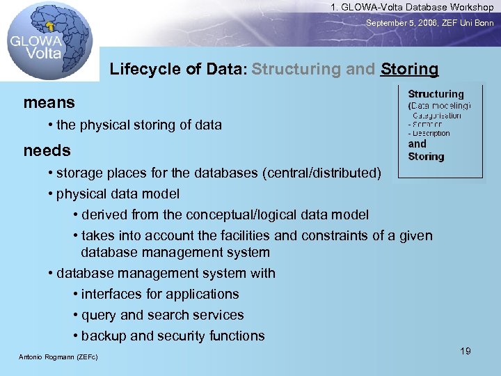 1. GLOWA-Volta Database Workshop September 5, 2006, ZEF Uni Bonn Lifecycle of Data: Structuring