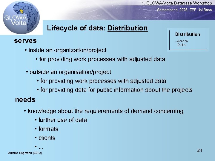 1. GLOWA-Volta Database Workshop September 5, 2006, ZEF Uni Bonn Lifecycle of data: Distribution