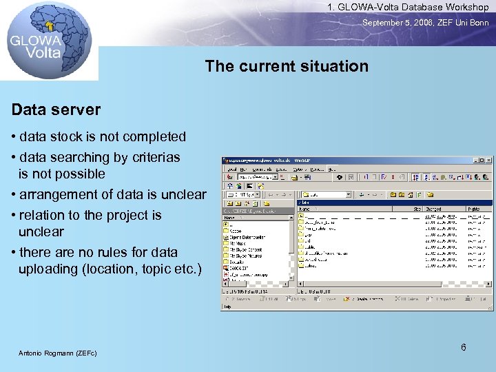 1. GLOWA-Volta Database Workshop September 5, 2006, ZEF Uni Bonn The current situation Data
