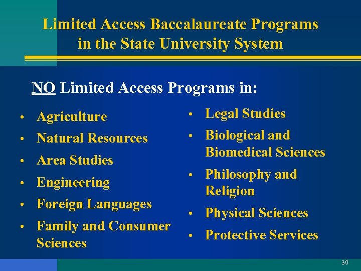 Limited Access Baccalaureate Programs in the State University System NO Limited Access Programs in: