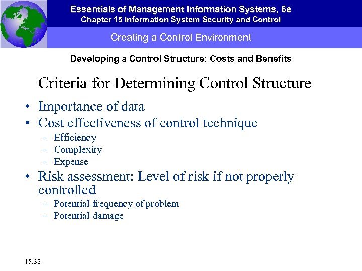 Essentials of Management Information Systems, 6 e Chapter 15 Information System Security and Control