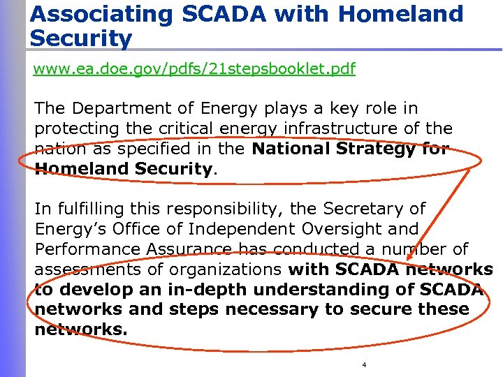 Associating SCADA with Homeland Security www. ea. doe. gov/pdfs/21 stepsbooklet. pdf The Department of