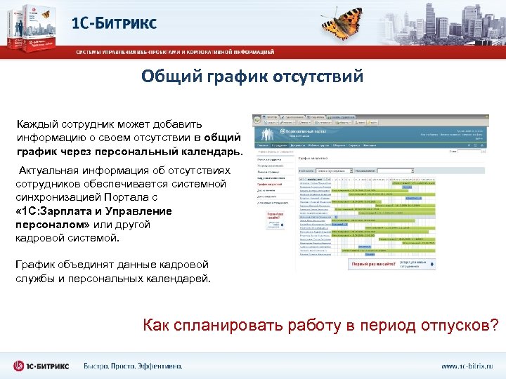 Общий график отсутствий Каждый сотрудник может добавить информацию о своем отсутствии в общий график