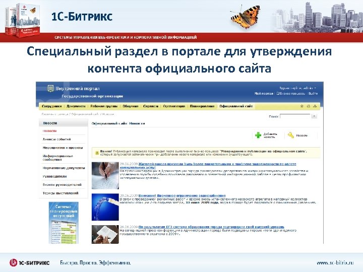 Специальный раздел в портале для утверждения контента официального сайта 