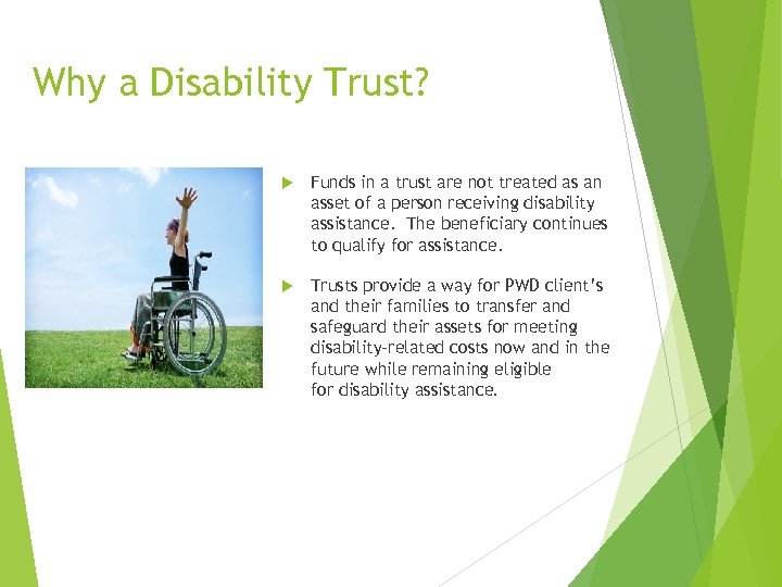 Why a Disability Trust? Funds in a trust are not treated as an asset