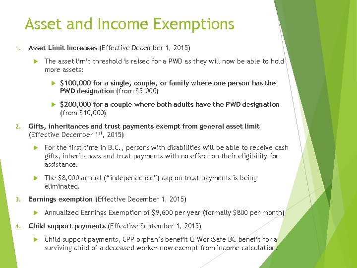 Asset and Income Exemptions 1. Asset Limit Increases (Effective December 1, 2015) The asset