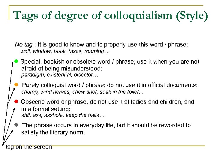 Tags of degree of colloquialism (Style) No tag : It is good to know