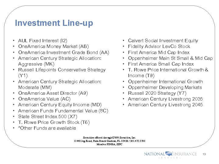 Investment Line-up • • • • AUL Fixed Interest (I 2) One. America Money