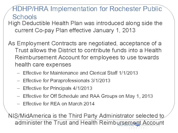 HDHP/HRA Implementation for Rochester Public Schools High Deductible Health Plan was introduced along side