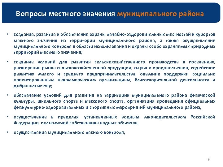 Вопросы местного значения муниципального района • создание, развитие и обеспечение охраны лечебно-оздоровительных местностей и