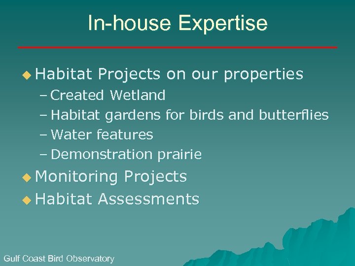 In-house Expertise u Habitat Projects on our properties – Created Wetland – Habitat gardens