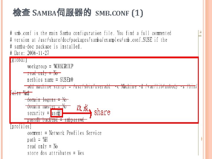 檢查 SAMBA伺服器的 SMB. CONF (1) 