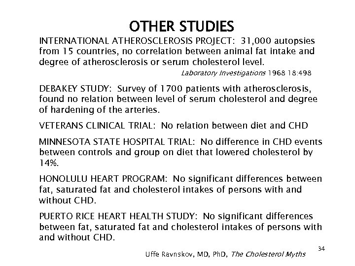 OTHER STUDIES INTERNATIONAL ATHEROSCLEROSIS PROJECT: 31, 000 autopsies from 15 countries, no correlation between