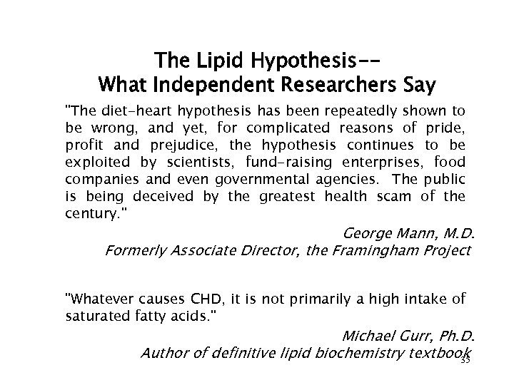 The Lipid Hypothesis-What Independent Researchers Say "The diet-heart hypothesis has been repeatedly shown to