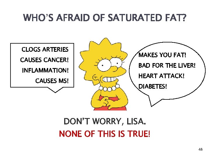 WHO’S AFRAID OF SATURATED FAT? CLOGS ARTERIES CAUSES CANCER! INFLAMMATION! CAUSES MS! MAKES YOU