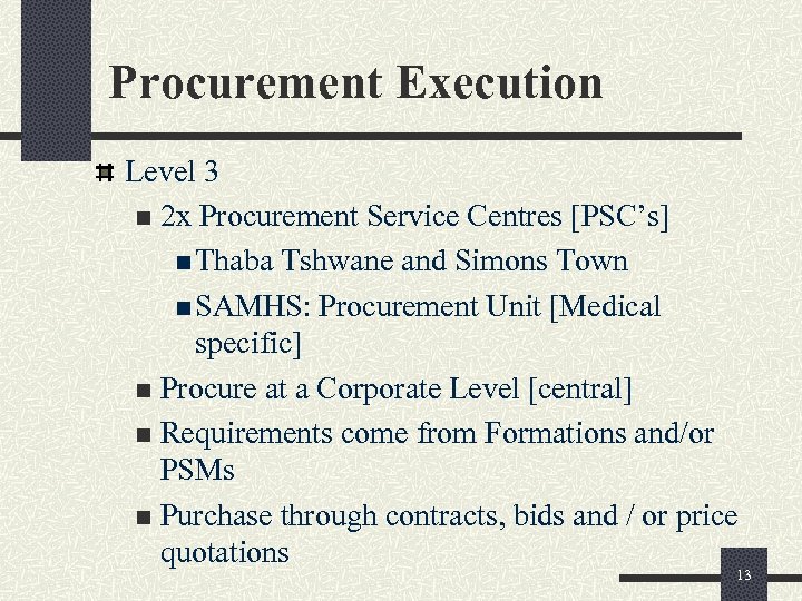 Procurement Execution Level 3 n 2 x Procurement Service Centres [PSC’s] n Thaba Tshwane