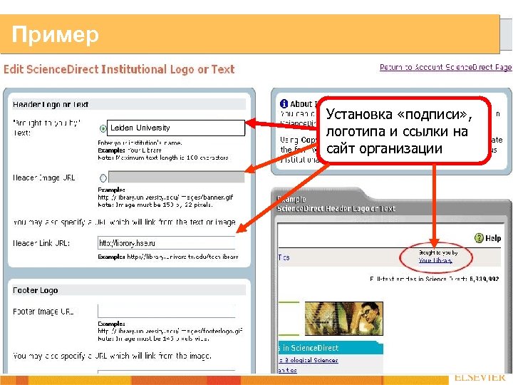 Пример Leiden University Установка «подписи» , логотипа и ссылки на сайт организации 