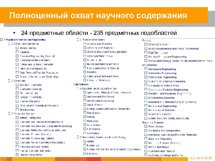 Полноценный охват научного содержания • 24 предметные области - 235 предметных подобластей 