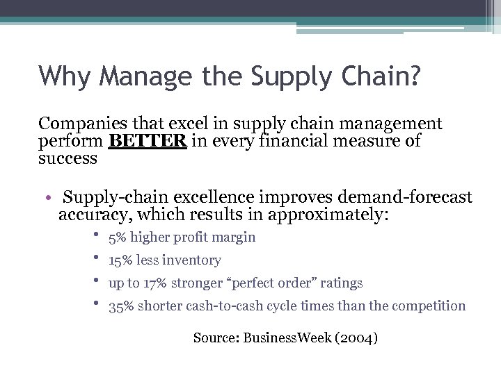 Why Manage the Supply Chain? Companies that excel in supply chain management perform BETTER