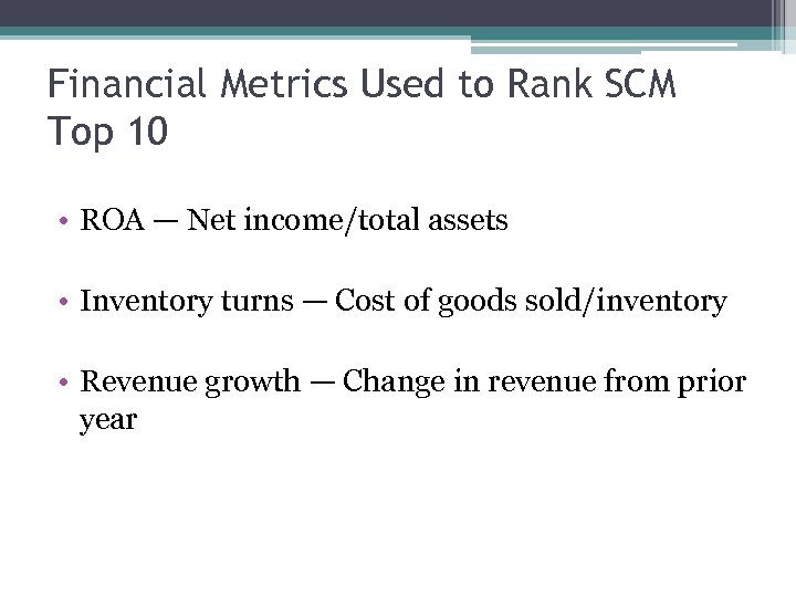 Financial Metrics Used to Rank SCM Top 10 • ROA — Net income/total assets