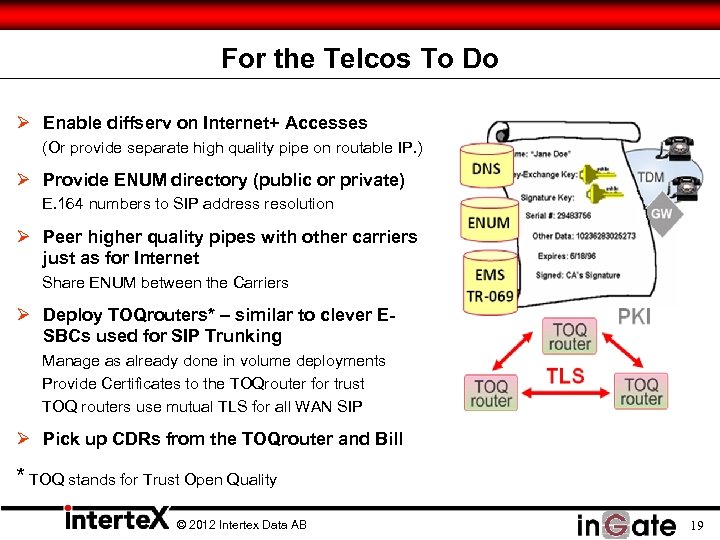 For the Telcos To Do Ø Enable diffserv on Internet+ Accesses (Or provide separate