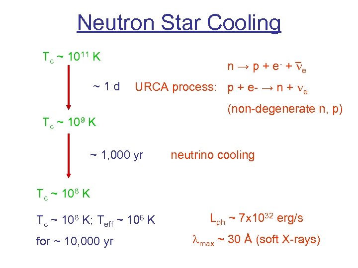 Neutron Star Cooling Tc ~ 1011 K ~1 d n → p + e