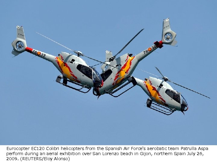Eurocopter EC 120 Colibri helicopters from the Spanish Air Force's aerobatic team Patrulla Aspa