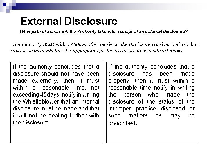 External Disclosure What path of action will the Authority take after receipt of an