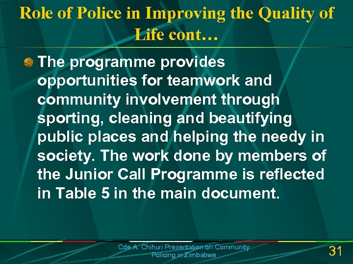 Role of Police in Improving the Quality of Life cont… The programme provides opportunities