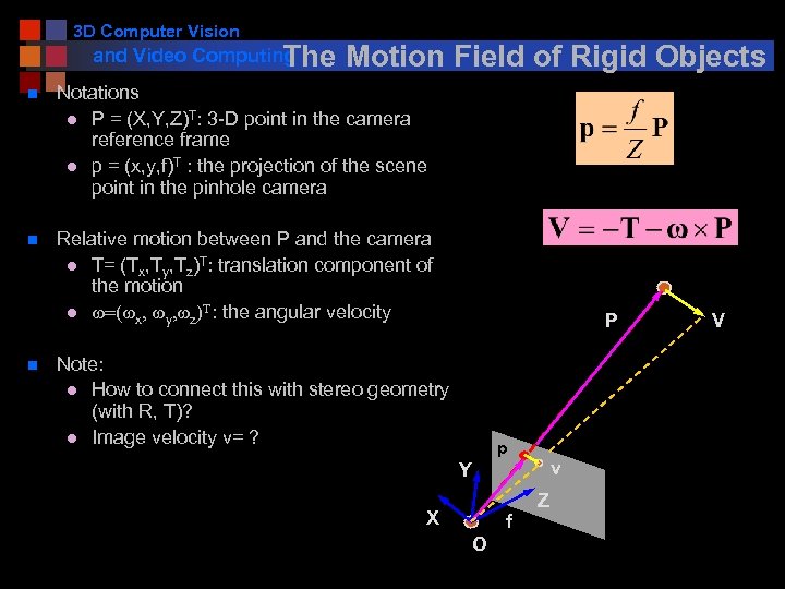 3 D Computer Vision and Video Computing he Motion Field of Rigid Objects T