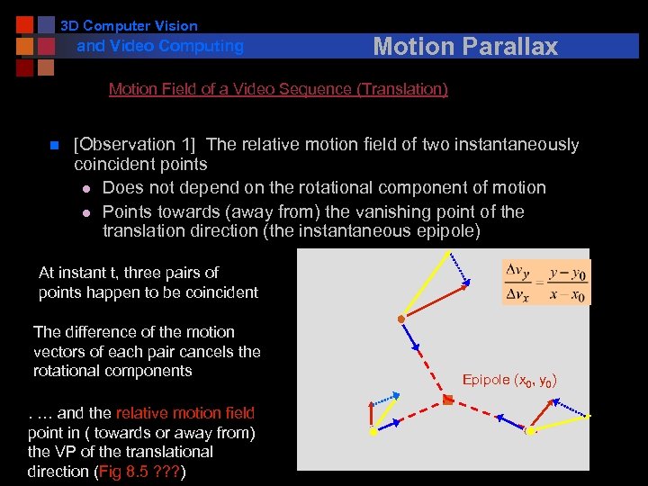 3 D Computer Vision and Video Computing Motion Parallax Motion Field of a Video