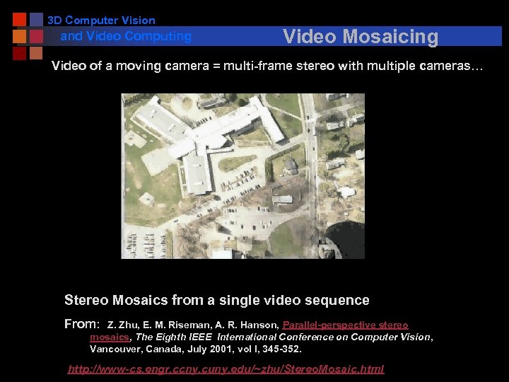 3 D Computer Vision and Video Computing Video Mosaicing Video of a moving camera