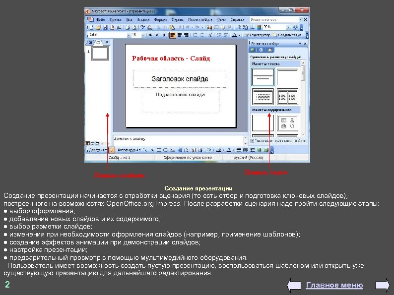 Рабочая область Слайд Панель задач Панель слайдов Создание презентации начинается с отработки сценария (то