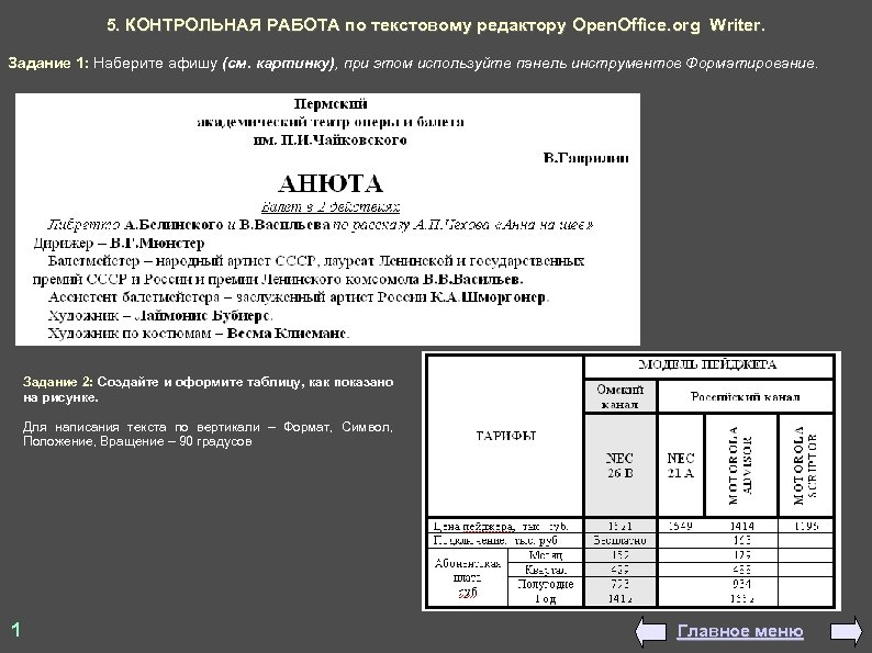 5. КОНТРОЛЬНАЯ РАБОТА по текстовому редактору Open. Office. org Writer. Задание 1: Наберите афишу